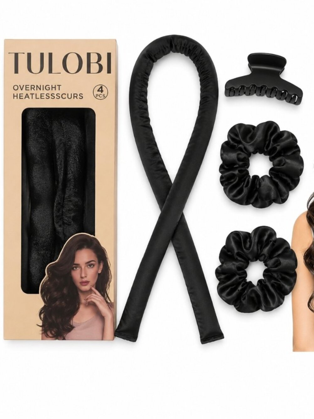 Black Satin Heatless Hair Curler Set - 4 Piece